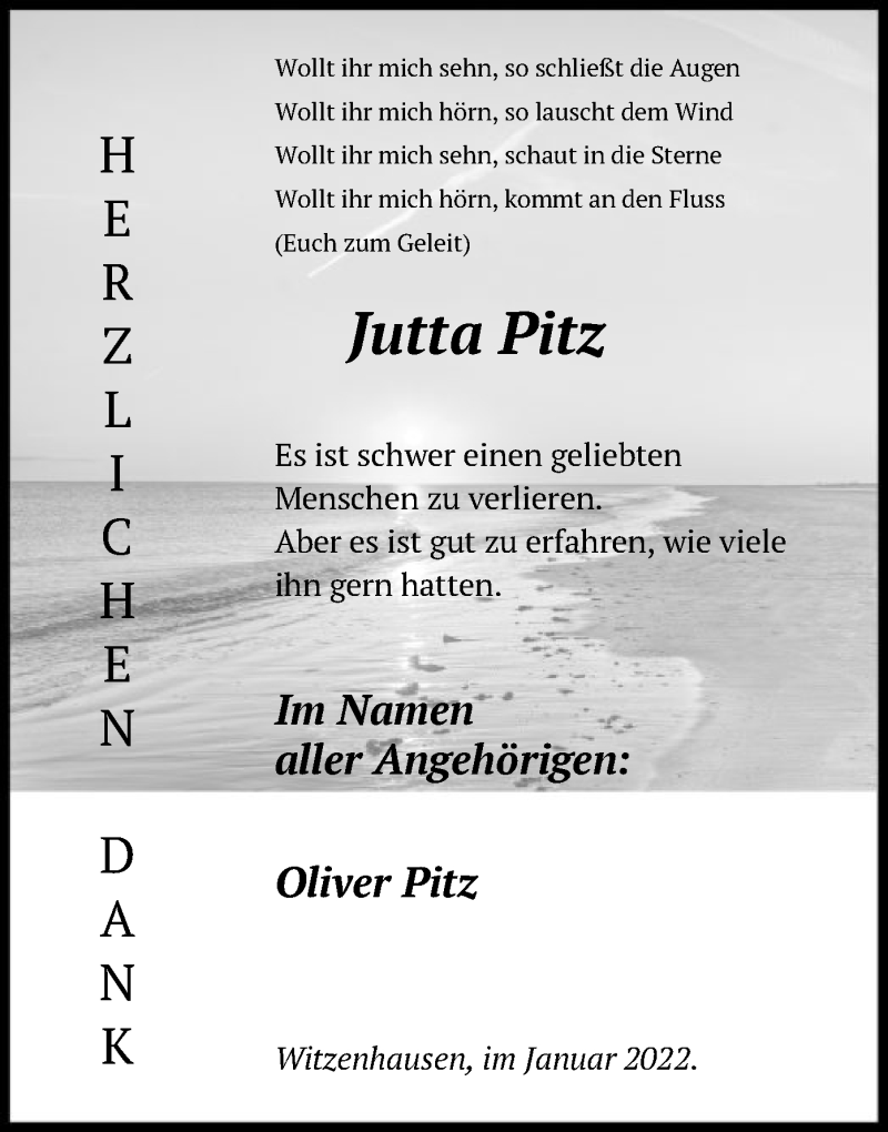  Traueranzeige für Jutta Pitz vom 29.01.2022 aus HNA