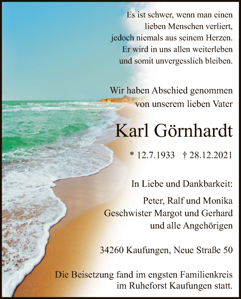  Traueranzeige für Karl Görnhardt vom 29.01.2022 aus HNA