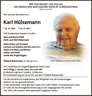 Traueranzeige von Karl Hülsemann von HNA