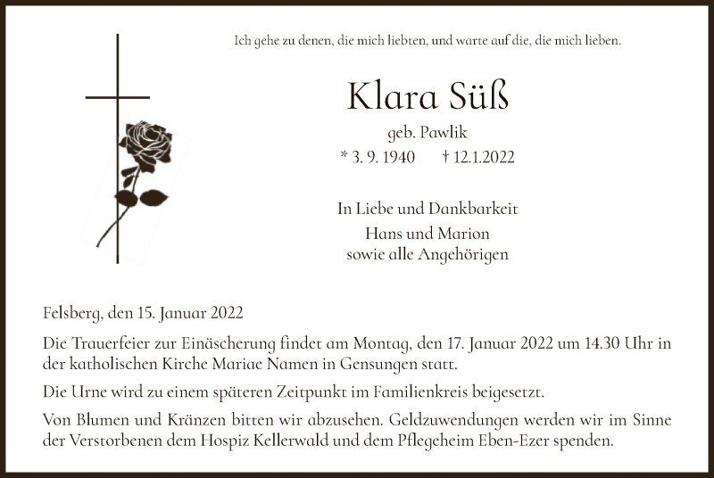  Traueranzeige für Klara Süß vom 15.01.2022 aus HNA