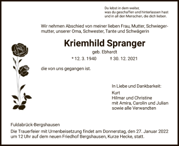 Traueranzeige von Kriemhild Spranger von HNA