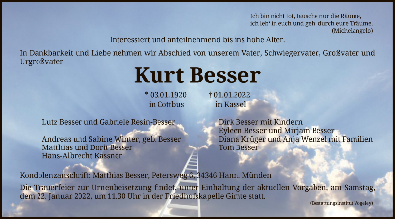  Traueranzeige für Kurt Besser vom 08.01.2022 aus HNA