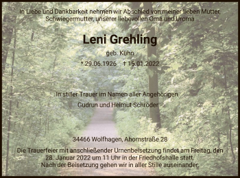Traueranzeige von Leni Grehling von HNA