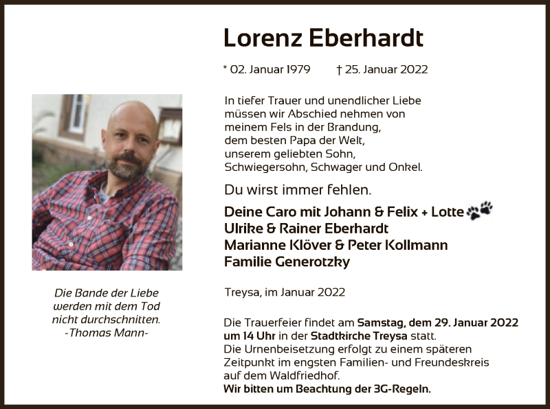  Traueranzeige für Lorenz Eberhardt vom 27.01.2022 aus HNA
