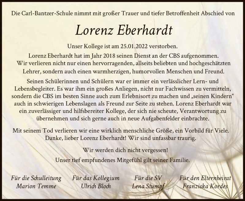  Traueranzeige für Lorenz Eberhardt vom 29.01.2022 aus HNA