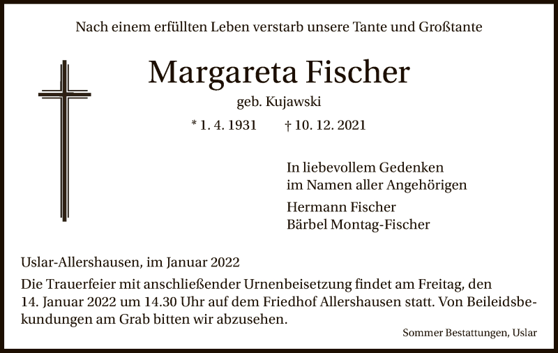  Traueranzeige für Margareta Fischer vom 08.01.2022 aus HNA