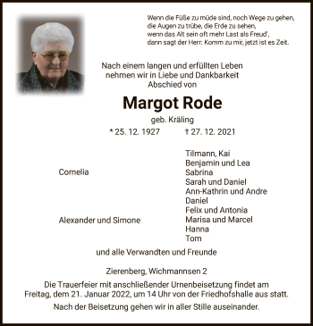 Traueranzeige von Margot Rode von HNA