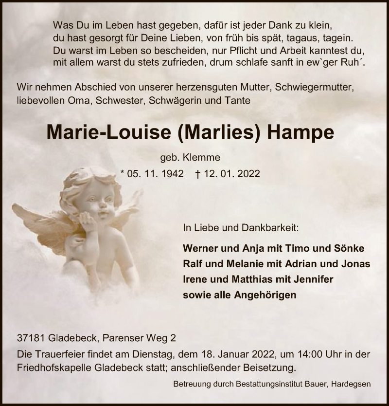  Traueranzeige für Marie-Louise Hampe vom 15.01.2022 aus HNA