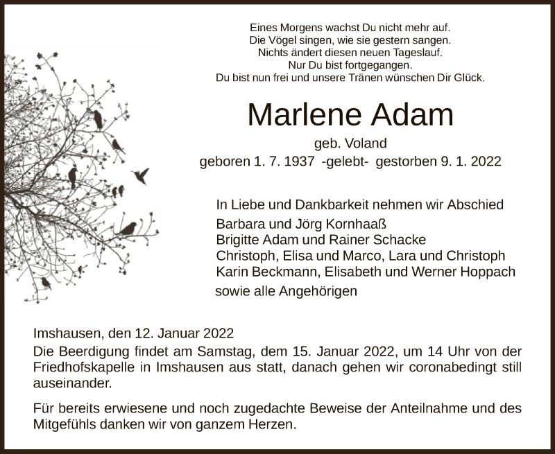  Traueranzeige für Marlene Adam vom 12.01.2022 aus HNA
