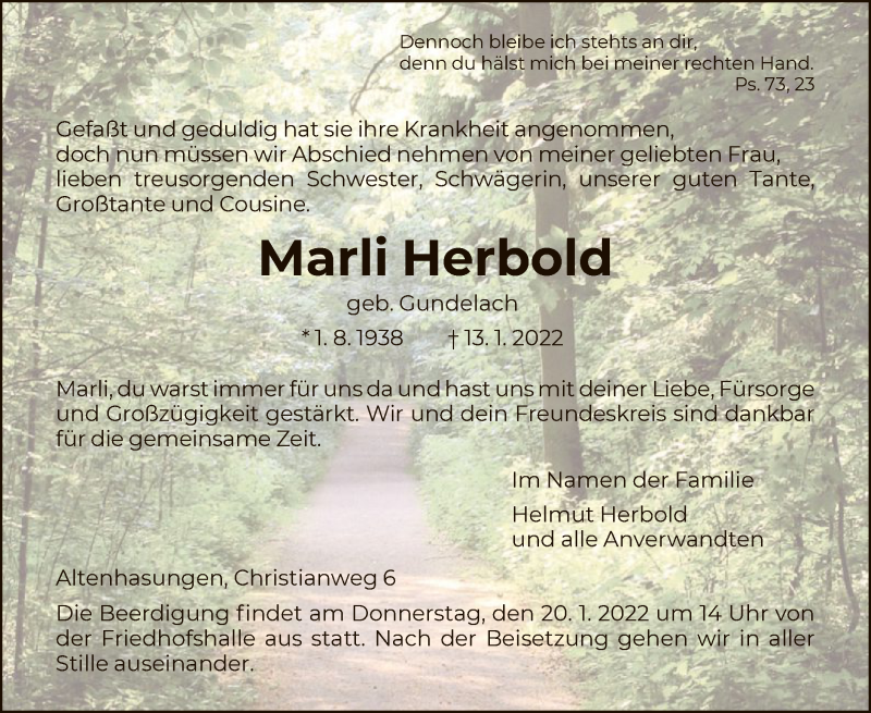  Traueranzeige für Marli Herbold vom 15.01.2022 aus HNA