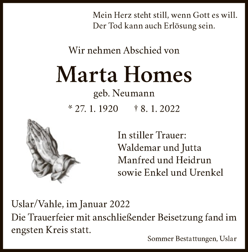  Traueranzeige für Marta Homes vom 13.01.2022 aus HNA