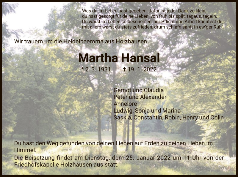  Traueranzeige für Martha Hansal vom 22.01.2022 aus HNA