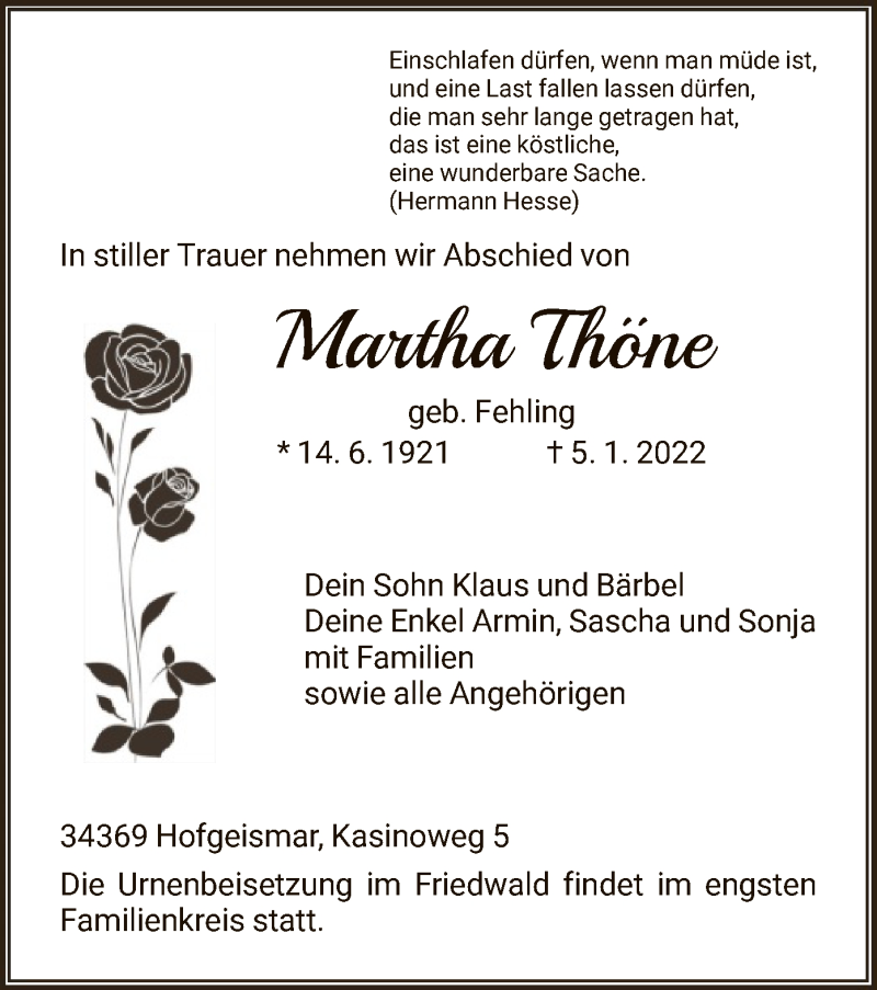  Traueranzeige für Martha Thöne vom 15.01.2022 aus HNA