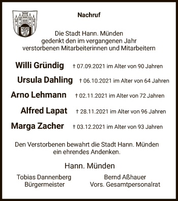 Traueranzeige von Nachruf Stadt Hann. Münden von HNA