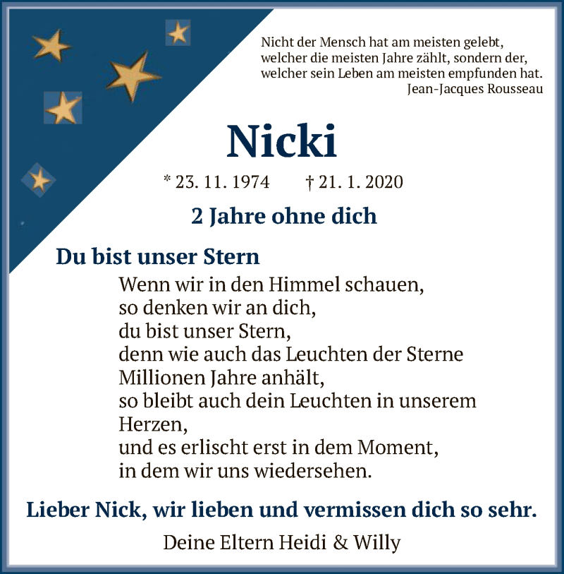  Traueranzeige für Nicki Engel vom 21.01.2022 aus HNA