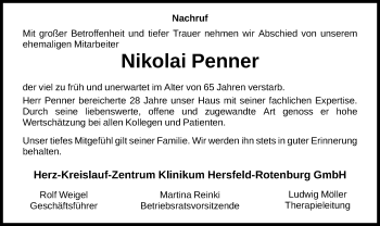 Traueranzeige von Nikolai Penner von HNA