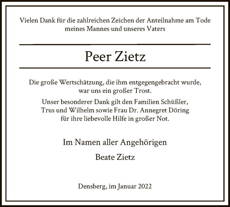  Traueranzeige für Peer Zietz vom 15.01.2022 aus HNA