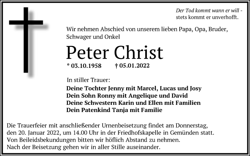  Traueranzeige für Peter Christ vom 15.01.2022 aus HNA