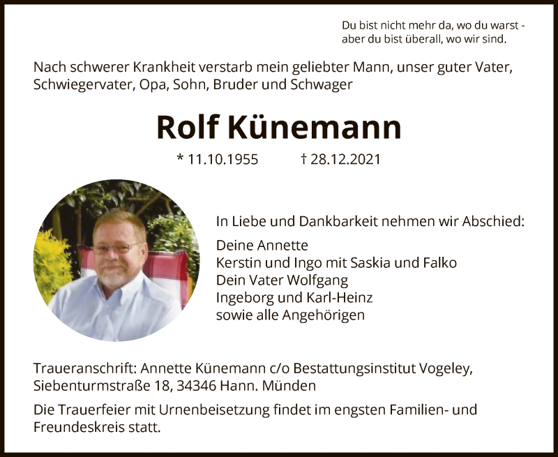  Traueranzeige für Rolf Künemann vom 08.01.2022 aus HNA