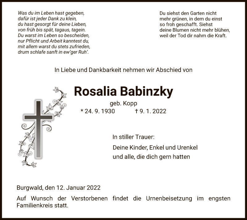  Traueranzeige für Rosalia Babinzky vom 12.01.2022 aus HNA