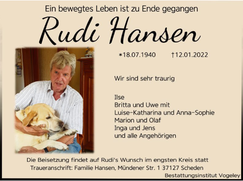  Traueranzeige für Rudi Hansen vom 22.01.2022 aus HNA