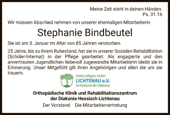 Traueranzeige von Stephanie Bindbeutel von HNA