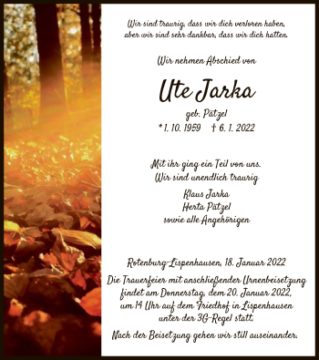 Traueranzeige von Ute Jarka von HNA