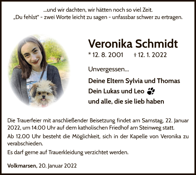  Traueranzeige für Veronika Schmidt vom 20.01.2022 aus WLZ