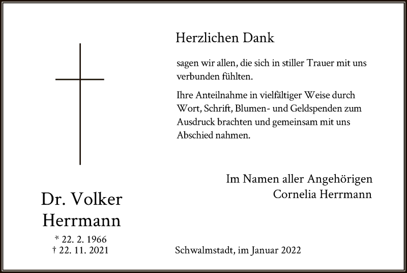  Traueranzeige für Volker Herrmann vom 18.01.2022 aus HNA