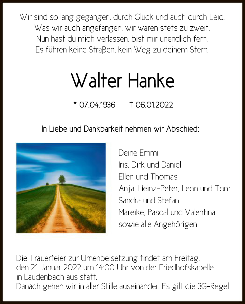  Traueranzeige für Walter Hanke vom 19.01.2022 aus HNA