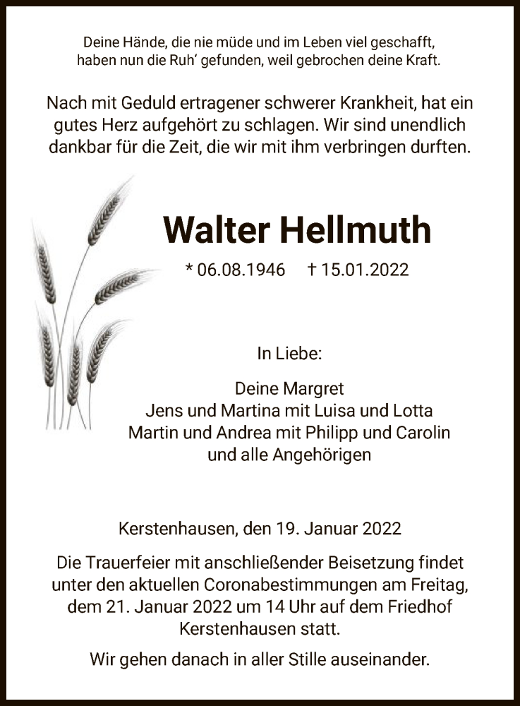  Traueranzeige für Walter Hellmuth vom 19.01.2022 aus HNA