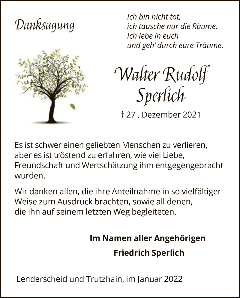  Traueranzeige für Walter Rudolf Sperlich vom 15.01.2022 aus HNA