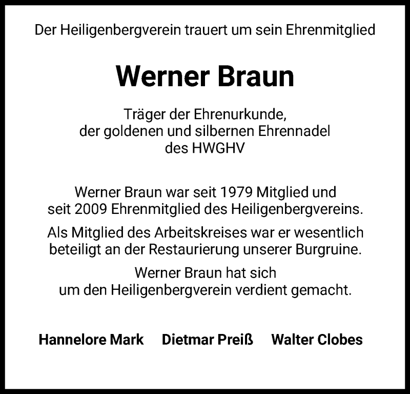  Traueranzeige für Werner Braun vom 15.01.2022 aus HNA