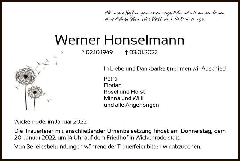  Traueranzeige für Werner Honselmann vom 15.01.2022 aus HNA
