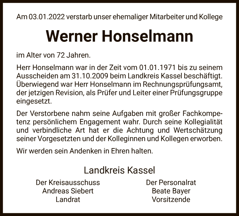  Traueranzeige für Werner Honselmann vom 20.01.2022 aus HNA