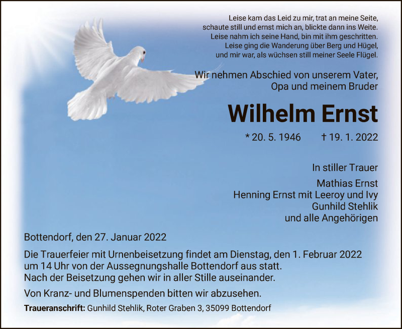  Traueranzeige für Wilhelm Ernst vom 27.01.2022 aus HNA