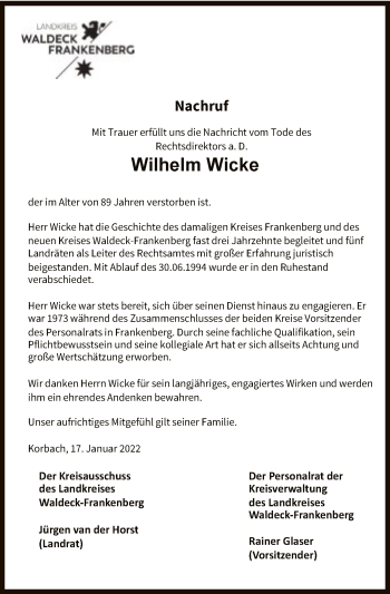 Traueranzeige von Wilhelm Wicke von HNA