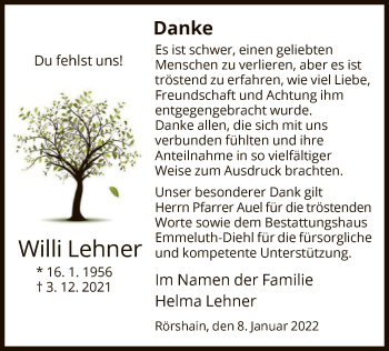 Traueranzeige von Willi Lehner von HNA