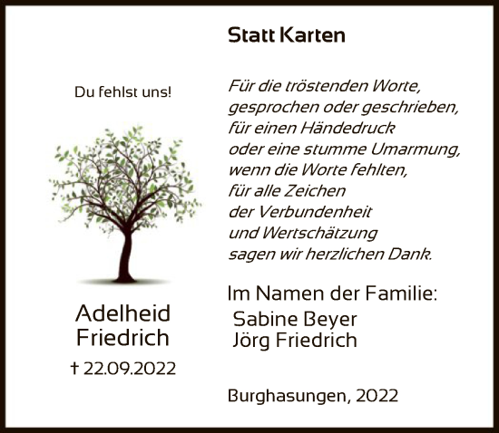 Traueranzeige von Adelheid Friedrich von HNA