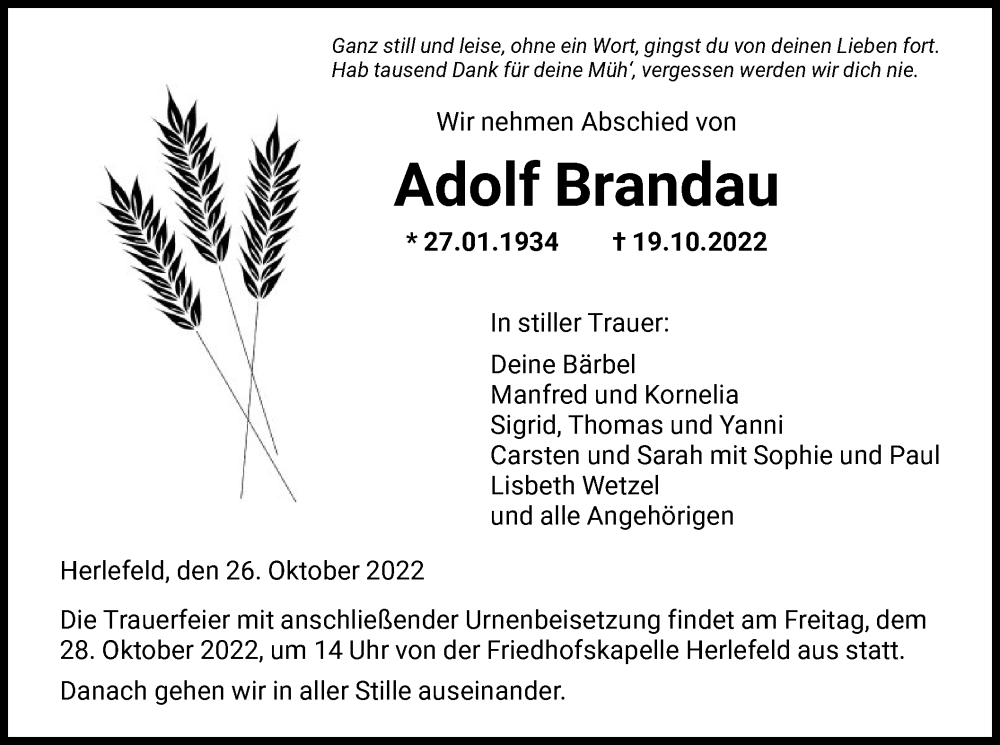  Traueranzeige für Adolf Brandau vom 26.10.2022 aus HNA