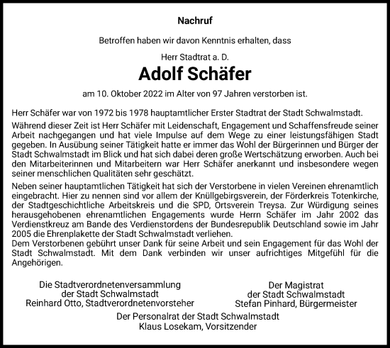 Traueranzeige von Adolf Schäfer von HNA