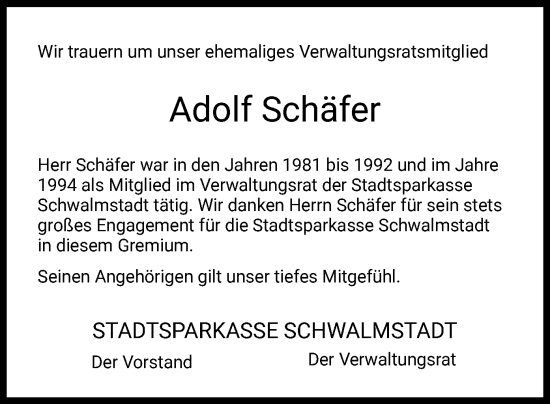 Traueranzeige von Adolf Schäfer von HNA