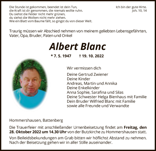 Traueranzeige von Albert Blanc von HNA