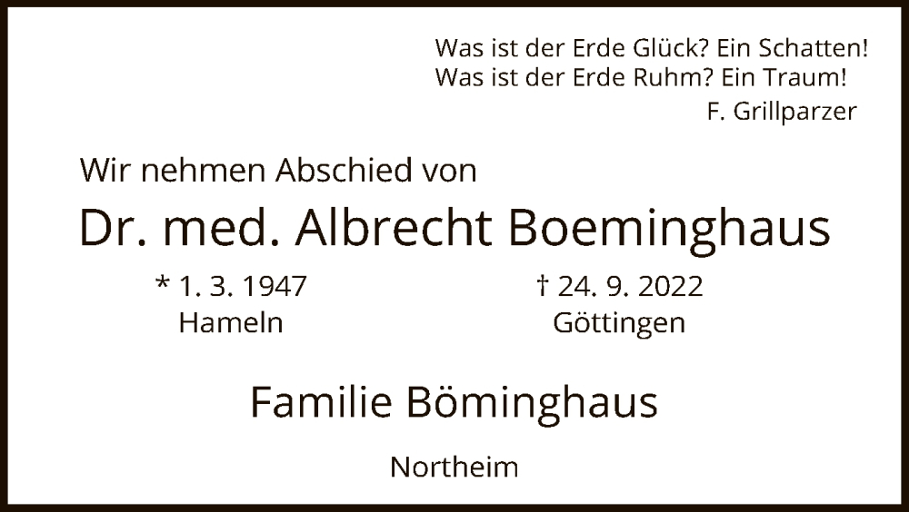  Traueranzeige für Albrecht Boeminghaus vom 01.10.2022 aus HNA