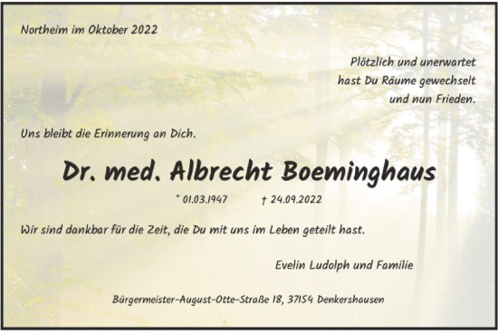 Traueranzeige von Albrecht Boeminghaus von HNA