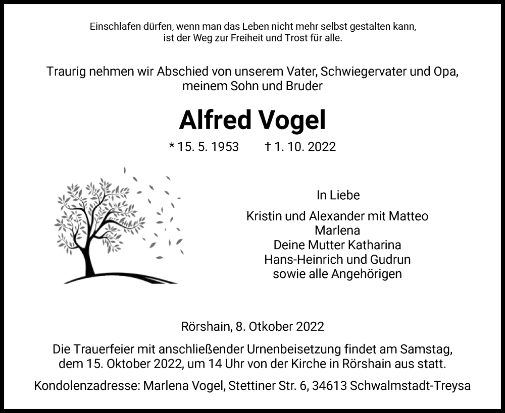  Traueranzeige für Alfred Vogel vom 08.10.2022 aus HNA
