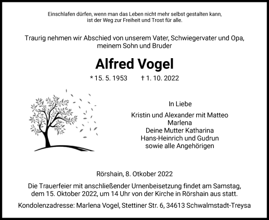 Traueranzeige von Alfred Vogel von HNA