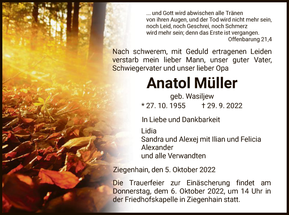  Traueranzeige für Anatol Müller vom 05.10.2022 aus HNA