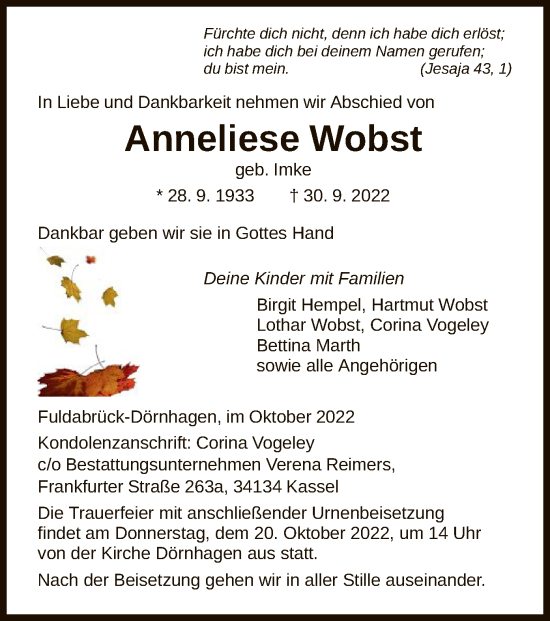 Traueranzeige von Anneliese Wobst von HNA