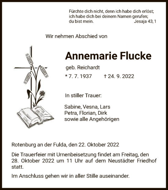 Traueranzeige von Annemarie Flucke von HNA